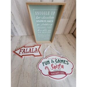 Wooden hanging falala fun games Santa snuggle snowflakes set Xmas sign